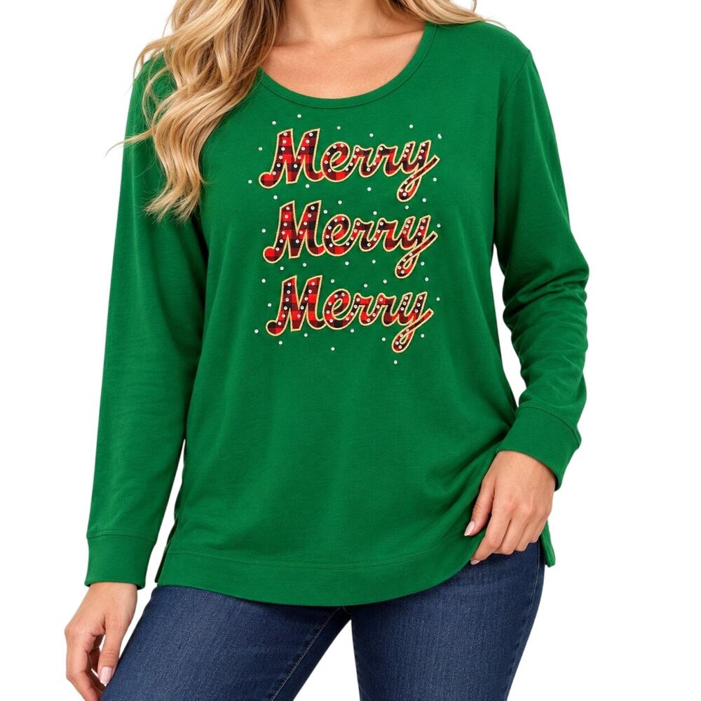 Quacker Factory Womens 1X Green Red Merry Christmas Festive Blouse Shirt Top